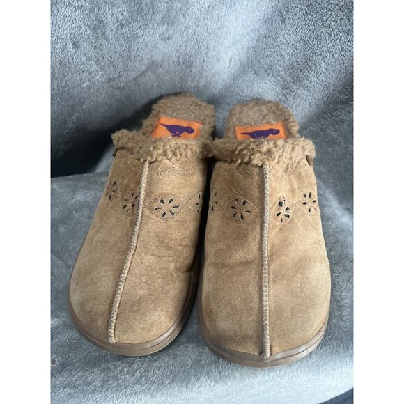 Y2K Vtg Rocket Dog Women’s 7.5 Suede Tan Fuzzy Clogs Chunky 2000s suede Leather - Picture 1 of 7